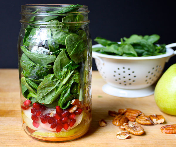 Blue Cheese, Pear, and Spinach Salad in a Mason Jar