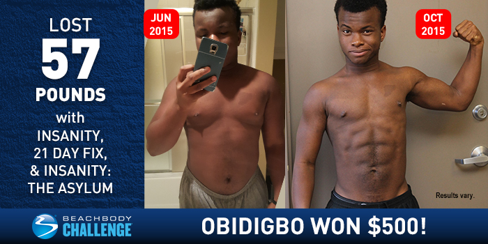 Obidigbo Nzeribe lost 57 lbs. in four months with INSANITY, 21 Day Fix, and...